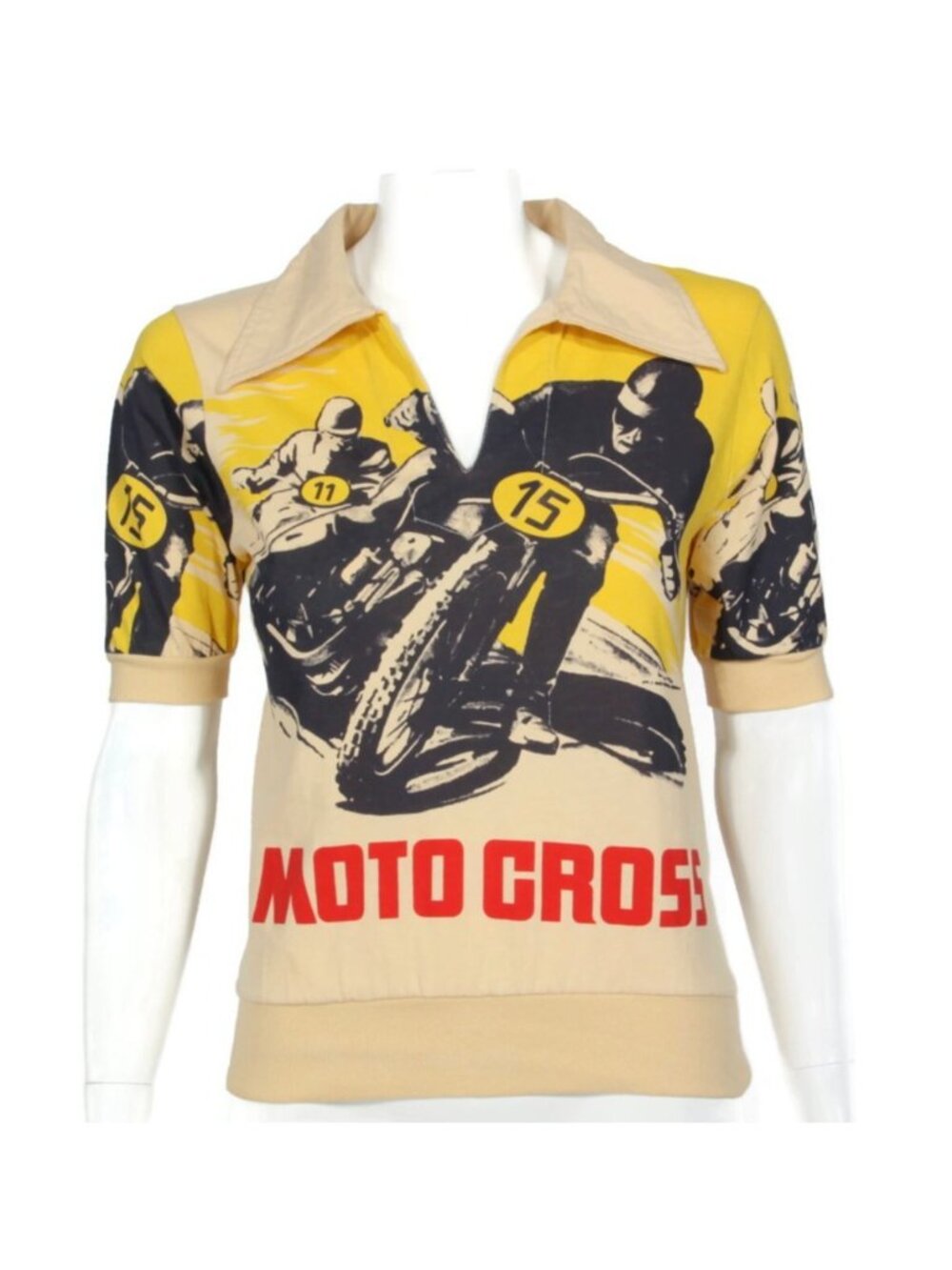 Vintage 70s Motocross Mod Dagger Collar GRINGO All over Art print sz 38/small